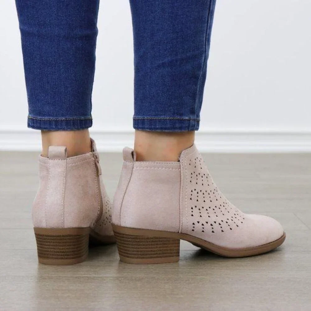Ankle Boots Low Heel Rounded Toe Modern Laser Cut Design Mauve Suede Zipper - Picture 5 of 6
